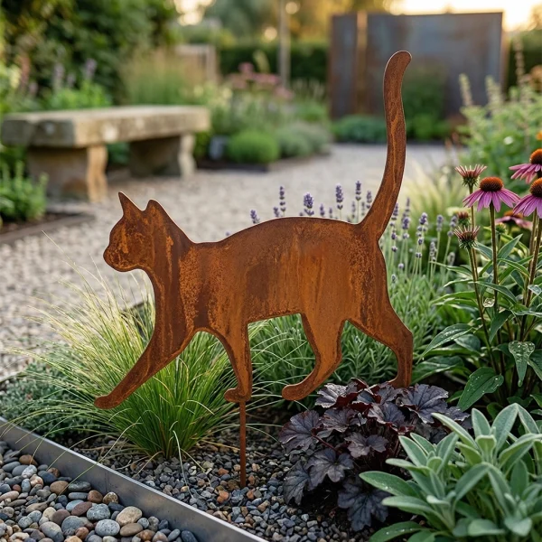 dekoracja ogrodowa 1022 Kot Metal4Home – sylwetka metalowego kota corten z uniesionym ogonem, ustawiona w ogrodzie przy lawendzie i szałwii