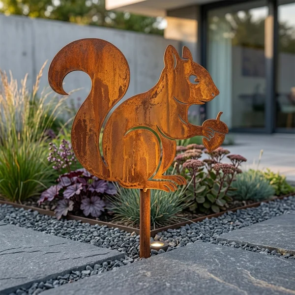 dekoracja ogrodowa 1021 Wiewiórka Metal4Home – metalowa wiewiórka corten z żołędziem, ustawiona na drewnianym pieńku wśród paproci i bluszczu