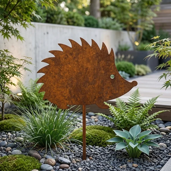 dekoracja ogrodowa 1024 Jeżyk Metal4Home – metalowy jeż corten na piku, ustawiony w leśnym ogrodzie wśród paproci i mchu